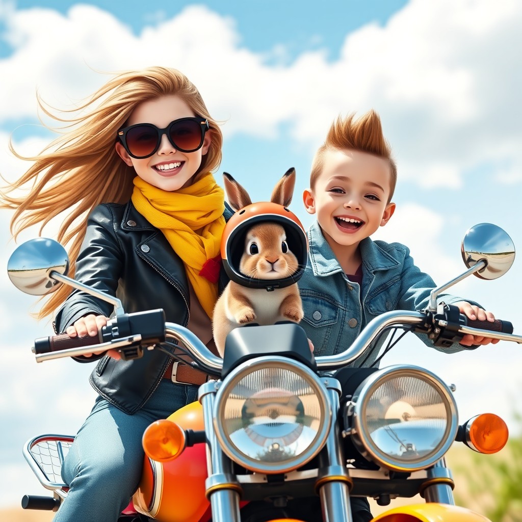 A cheerful scene featuring two stylish young women riding a vibrant motorcycle