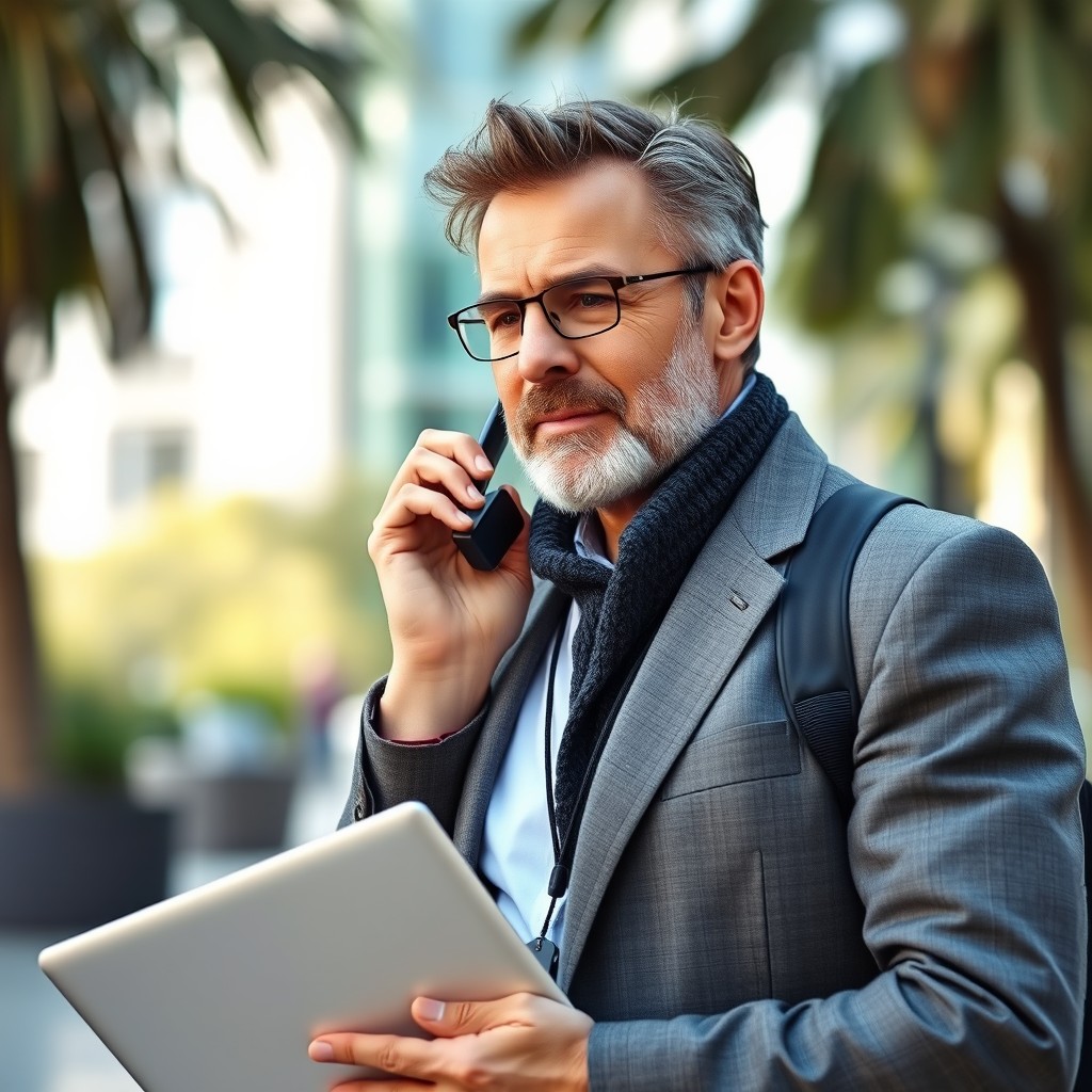 A realistic portrait of a male sales professional aged 45-55, an expatriate who speaks English and often uses the word 'urgent' in conversations