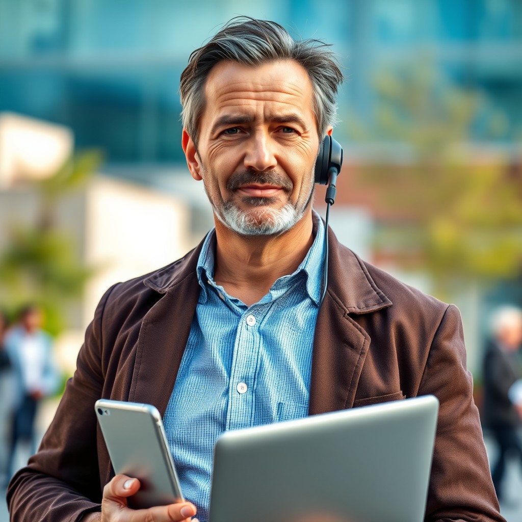 A realistic portrait of a male sales professional aged 45-55, an expatriate who speaks English and often emphasizes urgency in conversations