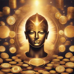 An illustrative depiction of a pineal gland, glowing with divine energy and leading towards a path paved with coins, gold, and other symbols of wealth.