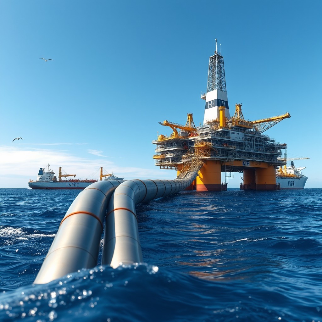 A majestic offshore oil platform with the designation '4F', surrounded by the vast ocean, equipped with large pipelines transferring oil to imposing tankers