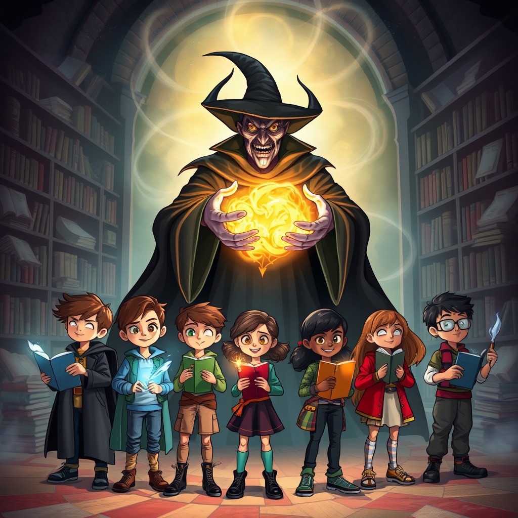 In the enchanting land of Literaria, a scene unfolds showcasing a malevolent sorcerer named Silencio, clad in dark robes and surrounded by swirling shadows, holding the stolen magical words of tales