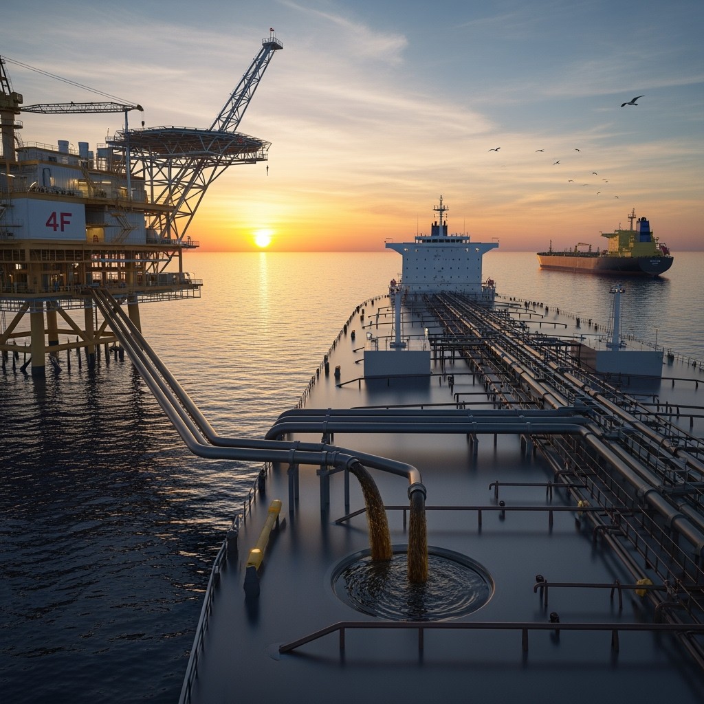 An intricate scene depicting the oil transfer process from the offshore platform labeled '4F' to a storage tanker and then to an export tanker