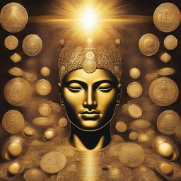 An illustrative depiction of a pineal gland, glowing with divine energy and leading towards a path paved with coins, gold, and other symbols of wealth.