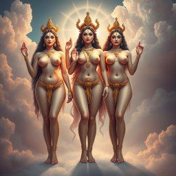 An enchanting depiction of three divine goddesses representing the Devi, standing together in Swarglok