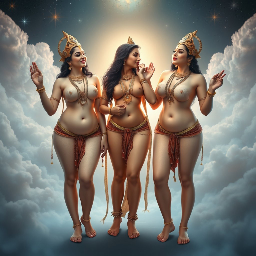 A mesmerizing scene featuring three divine goddesses, embodying the essence of Devi, standing together in Swarglok