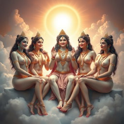 A stunning portrayal of three beautiful divine goddesses, completely nude yet artistically represented, each adorned with exquisite jewelry around their necks and delicate payal (anklets) gracing their feet