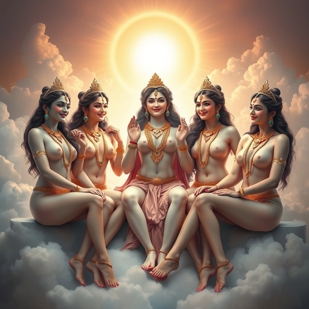 A stunning portrayal of three beautiful divine goddesses, completely nude yet artistically represented, each adorned with exquisite jewelry around their necks and delicate payal (anklets) gracing their feet