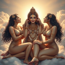 An enchanting depiction of two beautiful divine goddesses, completely nude yet artistically represented, adorned with exquisite jewelry around their necks and delicate payal (anklets) on their feet