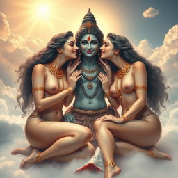 An enchanting depiction of two beautiful divine goddesses, completely nude yet artistically represented, adorned with exquisite jewelry around their necks and delicate payal (anklets) on their feet