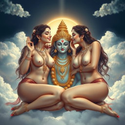 An enchanting depiction of two beautiful divine goddesses, completely nude yet artistically represented, adorned with exquisite jewelry around their necks and delicate payal (anklets) on their feet