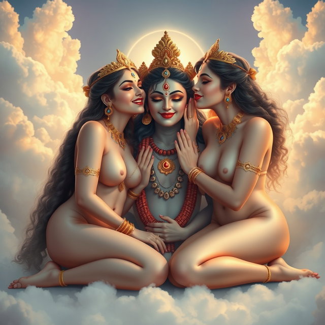 An enchanting depiction of two beautiful divine goddesses, completely nude yet artistically represented, adorned with exquisite jewelry around their necks and delicate payal (anklets) on their feet