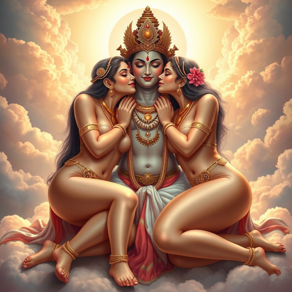 An enchanting depiction of two beautiful divine goddesses, completely nude yet artistically represented, adorned with exquisite jewelry around their necks and delicate payal (anklets) on their feet