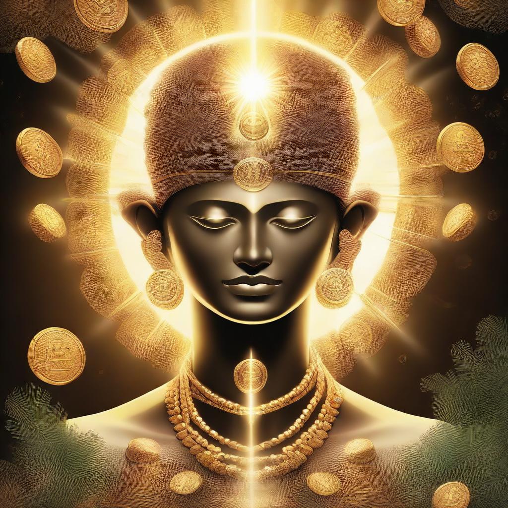 An illustrative depiction of a pineal gland, glowing with divine energy and leading towards a path paved with coins, gold, and other symbols of wealth.