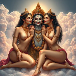 An enchanting depiction of two beautiful divine goddesses, completely nude yet artistically represented, adorned with exquisite jewelry around their necks and delicate payal (anklets) on their feet