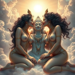 An enchanting depiction of two beautiful divine goddesses, completely nude yet artistically represented, adorned with exquisite jewelry around their necks and delicate payal (anklets) on their feet
