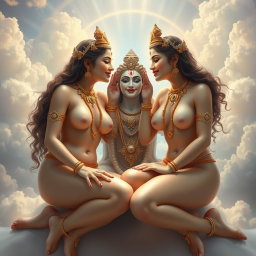 An enchanting depiction of two beautiful divine goddesses, completely nude yet artistically represented, adorned with exquisite jewelry around their necks and delicate payal (anklets) on their feet