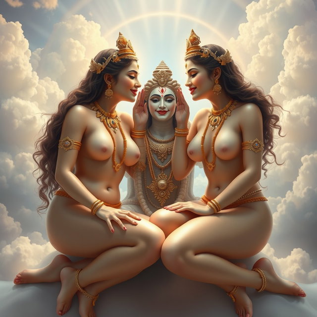 An enchanting depiction of two beautiful divine goddesses, completely nude yet artistically represented, adorned with exquisite jewelry around their necks and delicate payal (anklets) on their feet