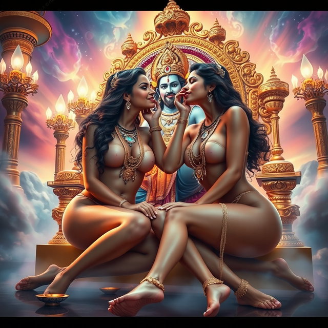 A stunning scene featuring two beautiful, fully nude celestial women, adorned with exquisite jewelry around their necks and intricate payals on their feet