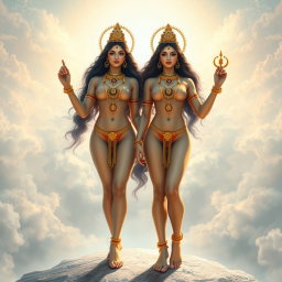 A breathtaking depiction of two divine goddess figures in a heavenly realm (Swarglok), completely naked and adorned with exquisite jewelry around their necks and anklets (payal) on their feet