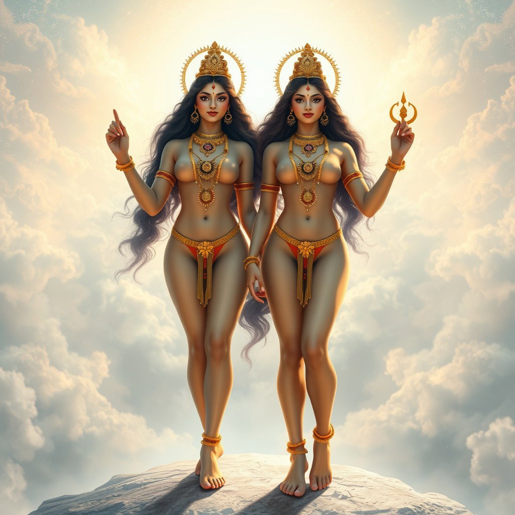 A breathtaking depiction of two divine goddess figures in a heavenly realm (Swarglok), completely naked and adorned with exquisite jewelry around their necks and anklets (payal) on their feet