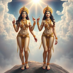 A breathtaking depiction of two divine goddess figures in a heavenly realm (Swarglok), completely naked and adorned with exquisite jewelry around their necks and anklets (payal) on their feet
