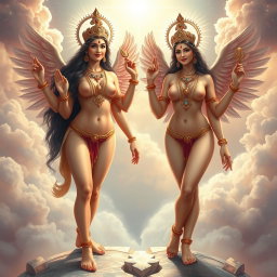 A breathtaking depiction of two divine goddess figures in a heavenly realm (Swarglok), completely naked and adorned with exquisite jewelry around their necks and anklets (payal) on their feet