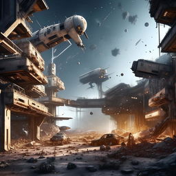 Depict the chaotic ruins of a futuristic space port. Imagine splintered spacecrafts, disheveled launch pads and scattered debris, set against the backdrop of a multitude of stars and distant galaxies.