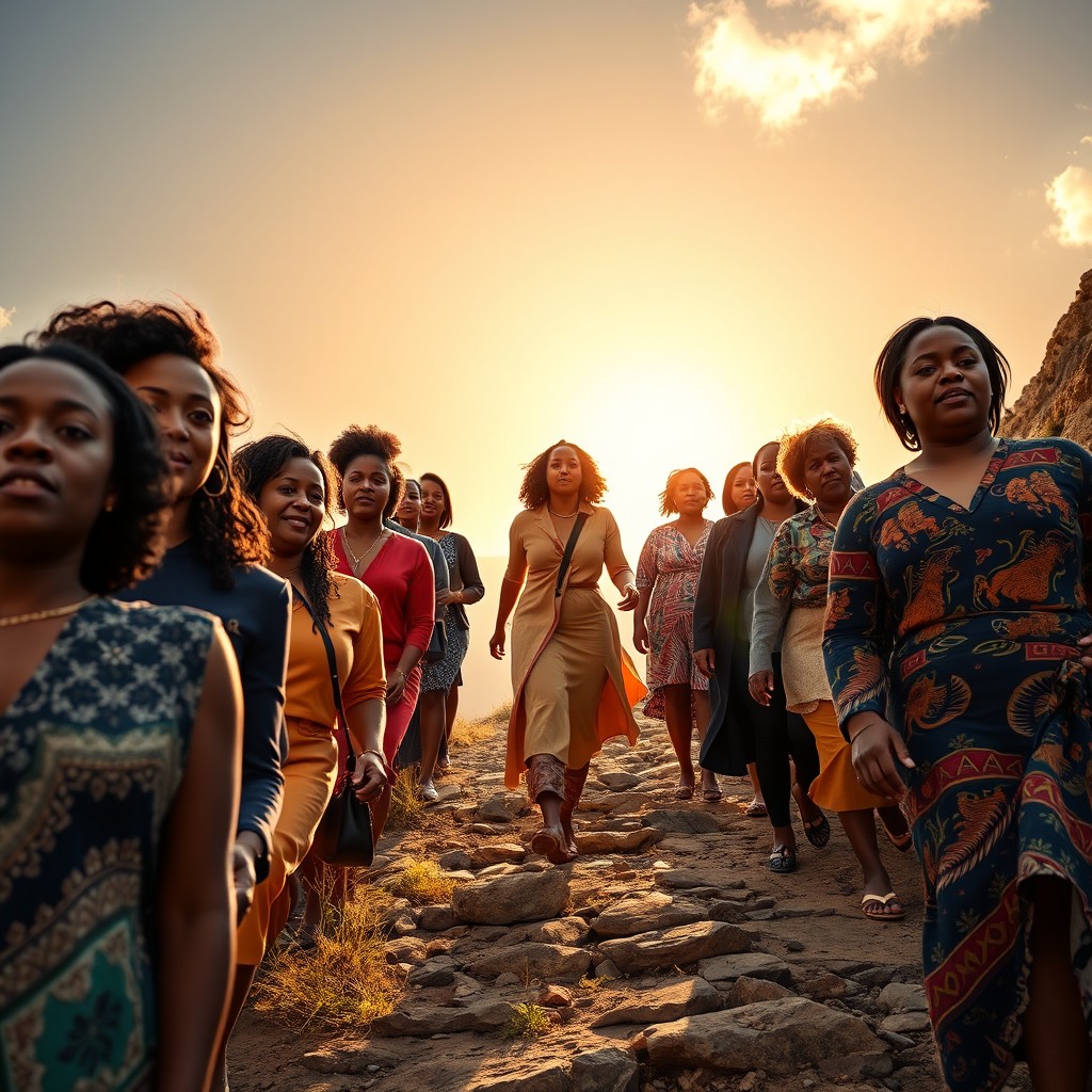 A realistic image representing a corporate female leadership development programme, featuring women of all South African races walking upwards on a mountain path towards the summit