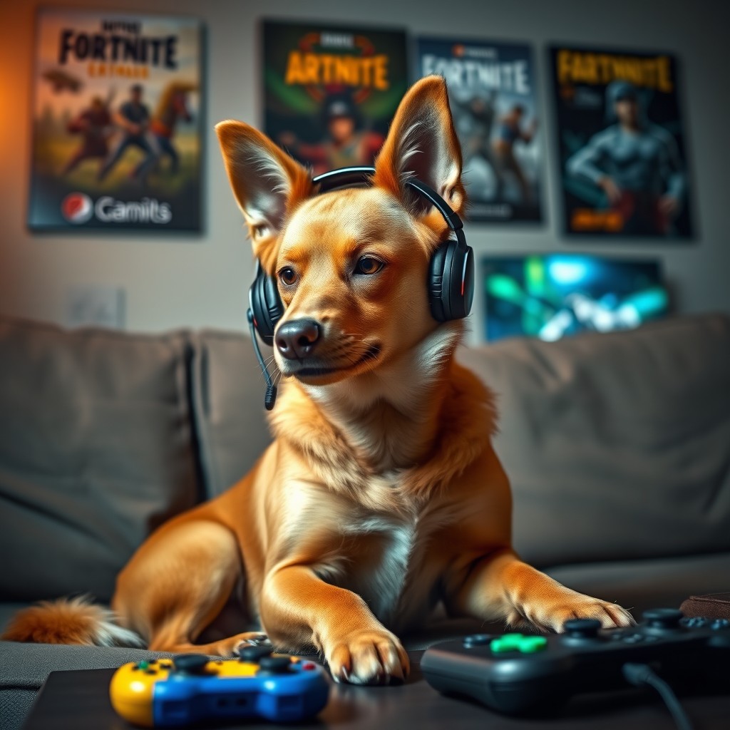 A caramel-colored dog from Brazil, also known as a 'caramelo dog', sitting comfortably on a couch, focused on playing a video game
