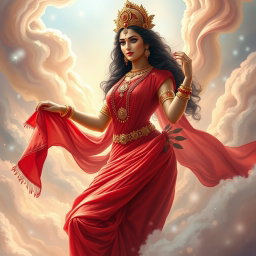 A stunning Devi goddess, adorned with exquisite jewelry around her neck and delicate payal on her feet, gracefully wears a vibrant red saree