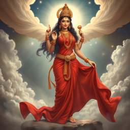 A stunning Devi goddess, adorned with exquisite jewelry around her neck and delicate payal on her feet, gracefully wears a vibrant red saree