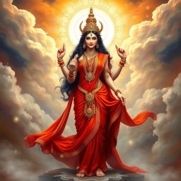 A stunning Devi goddess, adorned with exquisite jewelry around her neck and delicate payal on her feet, gracefully wears a vibrant red saree