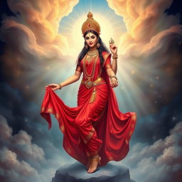 A stunning Devi goddess, adorned with exquisite jewelry around her neck and delicate payal on her feet, gracefully wears a vibrant red saree