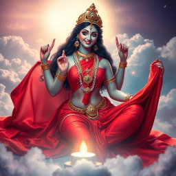 A mesmerizing Devi goddess, adorned with exquisite jewelry around her neck and delicate payal on her feet, elegantly wears a vibrant red saree
