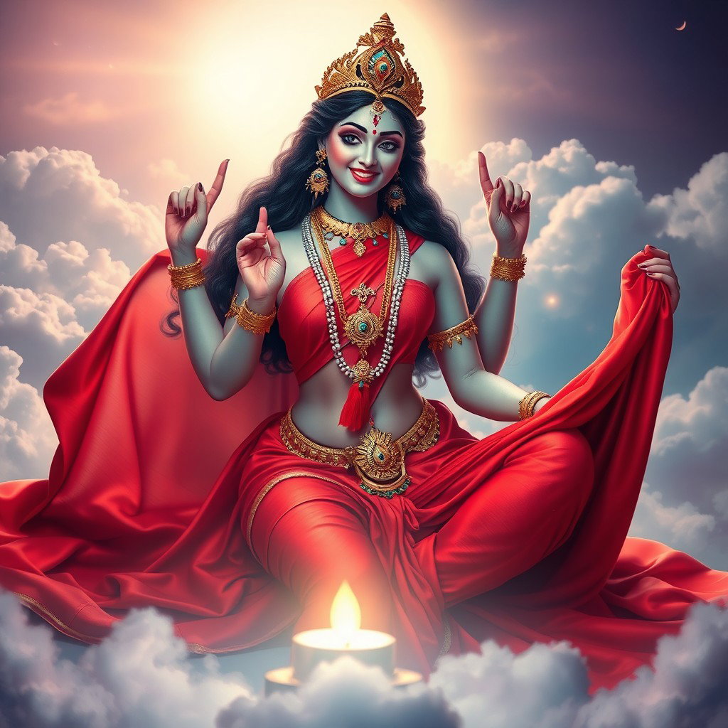 A mesmerizing Devi goddess, adorned with exquisite jewelry around her neck and delicate payal on her feet, elegantly wears a vibrant red saree