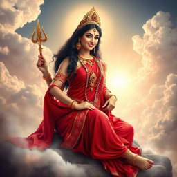 A mesmerizing Devi goddess, adorned with exquisite jewelry around her neck and delicate payal on her feet, elegantly wears a vibrant red saree