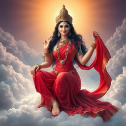 A mesmerizing Devi goddess, adorned with exquisite jewelry around her neck and delicate payal on her feet, elegantly wears a vibrant red saree