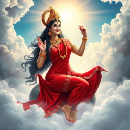 A mesmerizing Devi goddess, adorned with exquisite jewelry around her neck and delicate payal on her feet, elegantly wears a vibrant red saree