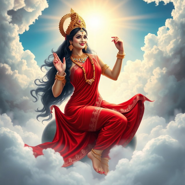 A mesmerizing Devi goddess, adorned with exquisite jewelry around her neck and delicate payal on her feet, elegantly wears a vibrant red saree