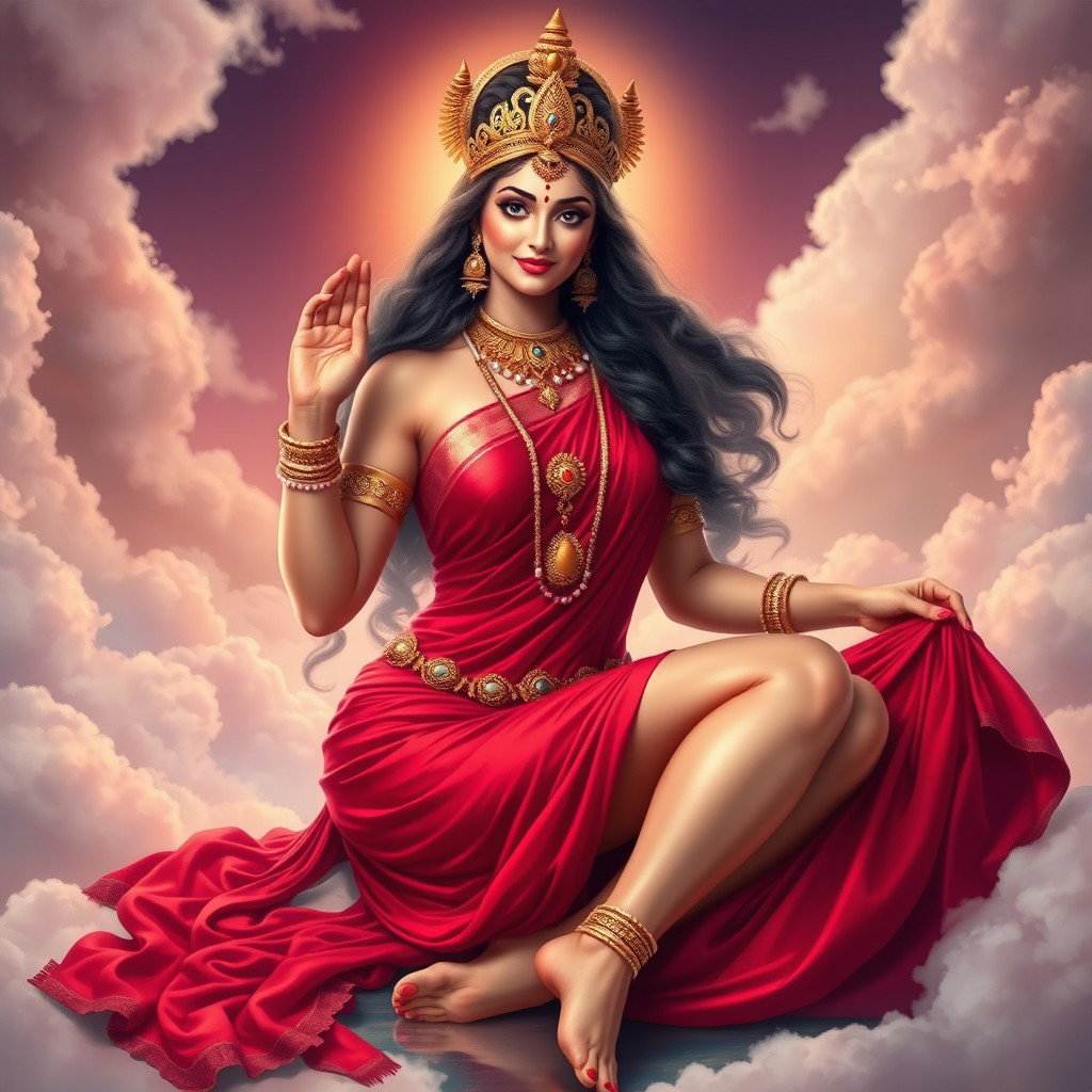 A breathtaking Devi goddess, adorned with exquisite jewelry around her neck and delicate payal on her feet, elegantly wearing a vibrant red saree