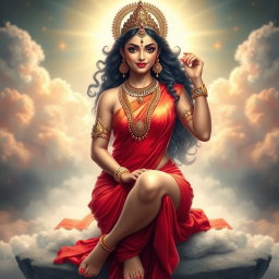 A breathtaking Devi goddess, adorned with exquisite jewelry around her neck and delicate payal on her feet, elegantly wearing a vibrant red saree