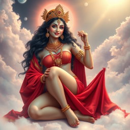 A breathtaking Devi goddess, adorned with exquisite jewelry around her neck and delicate payal on her feet, elegantly wearing a vibrant red saree