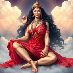 A breathtaking Devi goddess, adorned with exquisite jewelry around her neck and delicate payal on her feet, elegantly wearing a vibrant red saree
