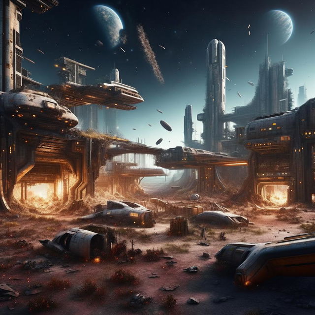 Depict the chaotic ruins of a futuristic space port. Imagine splintered spacecrafts, disheveled launch pads and scattered debris, set against the backdrop of a multitude of stars and distant galaxies.