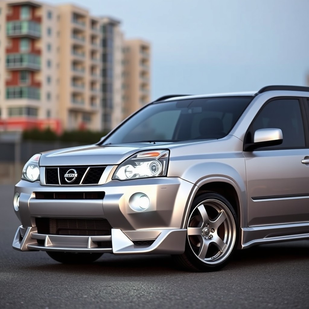 A 2009 Nissan X-Trail T31 in a sleek silver color, showcasing modifications that include stylish TE37 R19 alloy wheels that enhance its sporty appearance