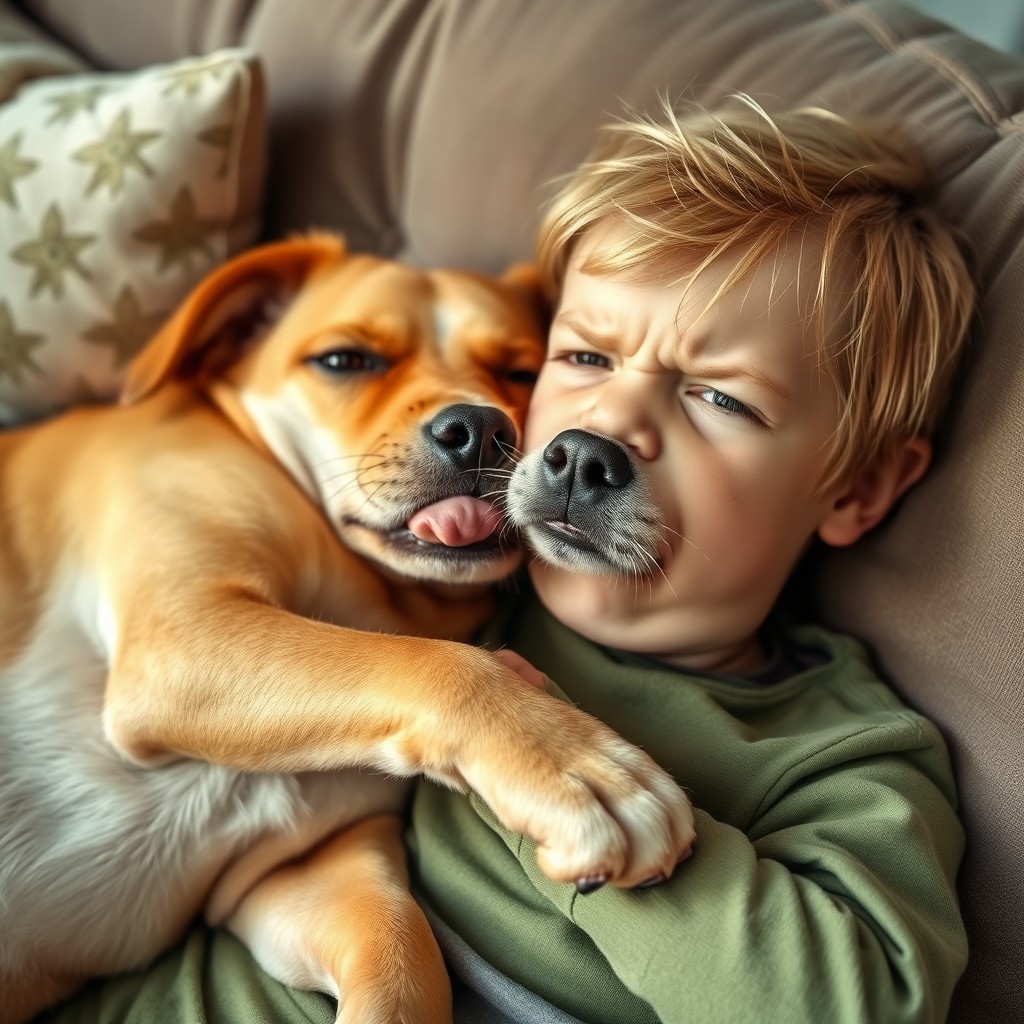 A caramel-colored dog from Brazil playfully licking the arm of a light-haired boy who is laying down on a comfortable couch