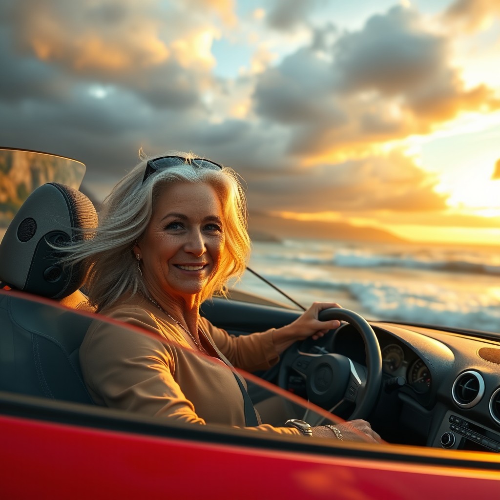 An attractive older woman with flowing silver hair and a confident smile, driving a sleek red sports car at high speed along a winding coastal road