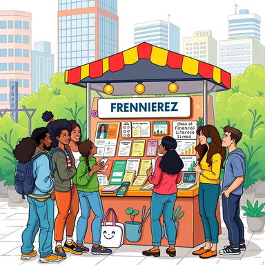 A vibrant and engaging illustration depicting a diverse group of Gen Z individuals in an urban setting, gathered around a colorful market stall showcasing various financial literacy tools like books, charts, and digital devices