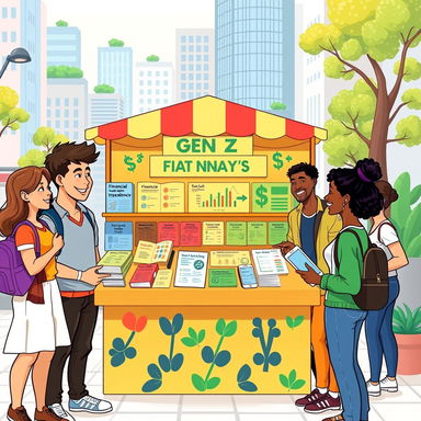 A vibrant and engaging illustration depicting a diverse group of Gen Z individuals in an urban setting, gathered around a colorful market stall showcasing various financial literacy tools like books, charts, and digital devices